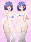  2girls blue_hair breasts hair_ornament highres hoshizuki_kaede hoshizuki_suzu kaede_to_suzu kyokucho large_breasts looking_at_viewer mole mole_on_breast mole_on_neck multiple_girls navel panties ribbon siblings sisters small_breasts thighhighs thighs twins underwear white_panties 