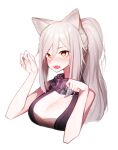  1girl absurdres animal_ears arknights beudelb black_scarf black_shirt breasts cat_ears cat_girl cleavage cropped_torso grey_hair hands_up highres large_breasts open_mouth paw_pose ponytail scarf schwarz_(arknights) shirt sidelocks simple_background solo teeth upper_teeth white_background yellow_eyes 