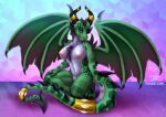  anthro breasts dragon female genitals gold_(metal) gold_jewelry green_body green_scales horn jewelry nude pinup pose pussy scales solo toxi_de_vyne_(artist) 