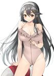  1girl absurdres black_hair breasts casual_one-piece_swimsuit cleavage cowboy_shot frilled_swimsuit frills grey_swimsuit hair_ornament hairband hairclip haruna_(kancolle) highres kantai_collection lifebuoy long_hair looking_at_viewer one-piece_swimsuit simple_background solo standing swimsuit toriniku_senshi_chikinman white_background white_hairband 