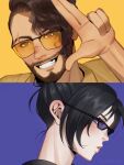  1boy 1girl apex_legends bangs black_hair blue_eyes blush brown_hair dark-skinned_male dark_skin dbdkitty facial_hair finger_gun from_side goatee hair_behind_ear hair_bun highres looking_at_viewer mirage_(apex_legends) parted_bangs scar scar_across_eye scar_on_face scar_on_nose smile sunglasses wraith_(apex_legends) 