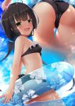  1girl ahoge ass bangs bare_shoulders bikini black_bikini black_hair blue_sky blush breasts cloud cloudy_sky day floral_print frilled_bikini frills green_eyes hair_ornament hairclip highres innertube kuro_yanagi long_hair low_twintails multiple_views open_mouth original outdoors partially_submerged sky small_breasts swimsuit twintails water wet wet_hair 