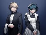  2boys apron bakugou_katsuki black_bow black_bowtie blonde_hair boku_no_hero_academia bow bowtie crossdressing cut_(nifuhami_35) formal freckles green_hair juliet_sleeves long_sleeves maid maid_apron maid_headdress male_focus midoriya_izuku multiple_boys puffy_sleeves red_eyes side-by-side spiked_hair standing suit towel 