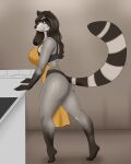  anthro apron big_breasts blackbetty breasts butt clothed clothing female franciene_(tango&#039;s_family) fur hair hi_res lingerie looking_at_viewer mammal procyonid raccoon simple_background smile solo thick_thighs thighs 