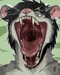  absurd_res anthro black_eyebrows black_hair bodily_fluids bust_portrait cheek_tuft eyebrows facial_tuft fangs front_view fur glistening glistening_tongue green_eyes grey_body grey_ears grey_fur hair hi_res imperatorcaesar male mouth_shot narrowed_eyes neck_tuft open_mouth pink_inner_ear pink_nose portrait red_tongue saliva saliva_string simple_background solo species_request tongue tuft whiskers 