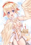  1girl 1other absurdres bare_shoulders birthday_cake blonde_hair blue_eyes blumairwen breasts cake candle center_opening commentary english_commentary feathered_wings feathers fire flame food garter_straps hair_between_eyes hair_ribbon harpy highres indie_virtual_youtuber leotard mavia_(vtuber) medium_breasts monster_girl navel open_mouth ribbon skirt sleeveless solo_focus virtual_youtuber white_leotard white_skirt winged_arms wings yellow_feathers yellow_wings 