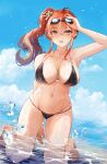  1girl azur_lane bangs barefoot bikini black_bikini blush breasts collarbone crossed_bangs full_body goggles goggles_on_head hair_ornament highres kneeling large_breasts long_hair looking_at_viewer navel outdoors parted_lips partially_submerged red_hair sea_nami side_ponytail sideboob smile swimsuit thighs wet whistle whistle_around_neck yellow_eyes zara_(azur_lane) zara_(poolside_coincidence)_(azur_lane) 