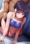  1boy 1girl all_fours bangs bare_arms bare_shoulders black_hair blue_eyes blue_swimsuit blush breasts collarbone commentary_request competition_swimsuit huyumitsu indoors large_breasts one-piece_swimsuit original short_hair solo_focus swimsuit thighs 