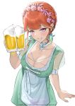  1girl absurdres alcohol apron artist_name bangs beer blunt_bangs blush braid breasts byeon cleavage cup dress drinking_glass earrings feather_earrings feathers flower foam german_clothes green_dress grin hair_flower hair_ornament hairband highres holding holding_cup hololive hololive_english jewelry large_breasts looking_at_viewer neck_garter official_alternate_costume official_alternate_hairstyle orange_hair pink_eyes short_sleeves simple_background smile takanashi_kiara virtual_youtuber white_background 