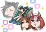  3girls :&gt; ahoge air_shakur_(umamusume) animal_ears black_hair blue_neckerchief blue_sailor_collar brown_hair clover clover_hair_ornament embarrassed eyebrow_piercing fang fine_motion_(umamusume) fur-trimmed_shorts fur_trim hair_between_eyes hair_ornament hairband horse_ears horse_girl meisho_doto_(umamusume) midriff multiple_girls navel neckerchief noba_(ne83ko61) piercing pink_hairband purple_eyes pyoitto_hareruya sailor_collar shirt shoes shorts sleeveless sleeveless_shirt slide sneakers umamusume white_hair white_shorts yellow_eyes 