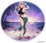  1girl arm_up bangs beach blonde_hair braid breasts company_name copyright cup drinking_glass earrings eyewear_on_head flower glasses hair_between_eyes hand_up holding holding_cup jewelry leg_up long_hair looking_at_viewer medium_breasts navel nijisanji nui_sociere official_art open_mouth sample_watermark sandals solo standing standing_on_one_leg stomach swimsuit toeless_footwear virtual_youtuber vivi_(eve_no_hakoniwa) water wine_glass yellow_eyes 