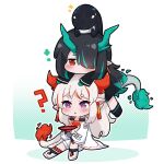  2girls :o animal_on_head arknights bitey_(arknights) black_footwear black_hair black_jacket blush boots bowl chibi commentary commission dragon_girl dragon_horns dragon_tail dusk_(arknights) earrings english_commentary flame-tipped_tail green_hair hair_over_one_eye holding holding_bowl horns jacket jewelry kurotofu long_sleeves midriff multicolored_hair multiple_girls navel nian_(arknights) no_mouth on_head open_clothes open_jacket open_mouth pointy_ears purple_eyes red_bandeau red_eyes red_hair short_eyebrows shorts simple_background stacking streaked_hair tail tassel tassel_earrings thick_eyebrows two-tone_hair white_background white_footwear white_hair white_jacket white_shorts 
