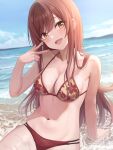  1girl :d absurdres bangs beach bikini breasts cleavage dripping floral_print fujizarashi happy highres idolmaster idolmaster_shiny_colors looking_at_viewer medium_breasts nail_polish navel open_mouth osaki_amana outdoors red_bikini red_hair red_nails sitting smile solo swimsuit v wet yellow_eyes 