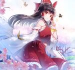  1girl alternate_eye_color ascot bandages bangs bare_shoulders black_hair blue_sky blush bow branch breasts bug butterfly butterfly_wings cherry_blossoms chinese_commentary closed_mouth cloud cloudy_sky coin collared_shirt commentary_request detached_sleeves flying frills gradient gradient_sky grass hair_between_eyes hakurei_reimu hand_up highres house jiji_(381134808) long_hair long_sleeves looking_at_viewer medium_breasts orange_eyes petals red_bow red_shirt red_skirt ribbon-trimmed_sleeves ribbon_trim sarashi shirt skirt sky solo standing teeth touhou tree white_sky wide_sleeves wings yellow_ascot 