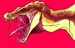  ambiguous_gender brown_body dinosaur glistening glistening_eyes glistening_tongue imperatorcaesar open_mouth pink_tongue red_background reptile scalie sharp_teeth simple_background solo teeth tongue tongue_out yellow_body 