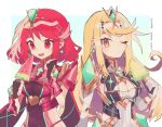  2girls bangs blonde_hair breasts cheese_dakke chest_jewel cleavage cleavage_cutout clothing_cutout dress headpiece large_breasts long_hair multiple_girls mythra_(xenoblade) pyra_(xenoblade) red_eyes red_hair short_dress short_hair swept_bangs tiara very_long_hair white_dress xenoblade_chronicles_(series) xenoblade_chronicles_2 yellow_eyes 