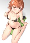  1girl adjusting_clothes adjusting_swimsuit arm_behind_back bikini black_bikini blush breasts brown_eyes brown_hair commentary_request embarrassed flower from_above gekota hair_flower hair_ornament hand_up legs looking_at_viewer medium_hair misaka_mikoto navel pulled_by_self raika9 side-tie_bikini sitting sitting_on_pillow small_breasts solo string_pull swimsuit thighs toaru_kagaku_no_railgun toaru_majutsu_no_index wavy_mouth white_flower 