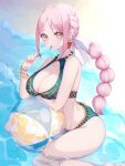 1girl ball beach bikini bracelet braid braided_ponytail breasts cleavage commentary_request crazy_otama earrings eating eyelashes food green_bikini highres huge_breasts jewelry long_hair looking_at_viewer one_piece pink_hair popsicle rebecca_(one_piece) sitting solo swimsuit 