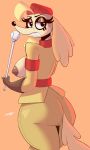  absurd_res anthro big_breasts big_butt blonde_hair breasts brown_body butt canid canine clothing cuphead_(game) emamadin female fur hair hat headgear headwear hi_res mammal nipples pilot_saluki_(cuphead) solo video_games yellow_body yellow_fur yellow_tail 