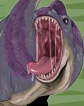  absurd_res ambiguous_gender bodily_fluids dinosaur feral glistening glistening_eyes glistening_tongue grey_body grey_tail hi_res imperatorcaesar mouth_shot open_mouth purple_body purple_tail red_tongue reptile saliva saliva_on_tongue scalie simple_background solo tan_body tan_eyes tongue tongue_out wide_eyed 