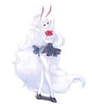  1girl alternate_form animal_ears black_footwear black_sclera black_skirt carrot_(one_piece) colored_sclera commentary_request crazy_otama eyelashes fur fur_collar furry furry_female highres long_hair one_piece rabbit_ears rabbit_tail red_eyes red_ribbon ribbon shirt shoes simple_background skirt solo standing sulong_form tail very_long_hair white_background white_fur white_hair white_shirt 
