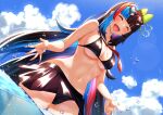  1girl absurdres arugou bikini bikini_skirt black_bikini bow breasts eyewear_on_head fate/grand_order fate_(series) hair_bow heart heart-shaped_eyewear highres large_breasts long_hair multicolored_hair navel ocean sailor_collar sei_shounagon_(fate) sei_shounagon_(swimsuit_berserker)_(fate) sei_shounagon_(swimsuit_berserker)_(third_ascension)_(fate) sunglasses swimsuit very_long_hair wading water_drop wet 