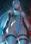  1girl android bangs bare_shoulders black_gloves blue_hair breasts elbow_gloves forehead_protector gloves hair_intakes highleg highleg_leotard highres imizu_(nitro_unknown) kos-mos large_breasts leotard long_hair red_eyes solo thighhighs thighs white_leotard white_thighhighs xenosaga 
