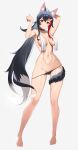  1girl absurdres animal_ear_fluff animal_ears arms_up black_hair black_panties breasts brown_eyes colored_tips commentary full_body grey_background hair_ornament hair_tie highres hololive long_hair looking_at_viewer multicolored_hair navel ookami_mio panties panty_pull partially_undressed red_hair revision solo standing streaked_hair tail tail_around_leg towel towel_around_neck tying_hair underwear very_long_hair virtual_youtuber wangjook_(wj) wet white_hair wolf_ears wolf_tail 