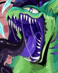  absurd_res ambiguous_gender antennae_(anatomy) blue_antennae blue_ears blue_eyes blue_inner_ear_fluff bodily_fluids front_view fur glistening glistening_eyes glistening_tongue green_body green_fur hair hi_res imperatorcaesar inner_ear_fluff looking_at_viewer mouth_shot open_mouth purple_hair purple_tongue saliva saliva_string sharp_teeth solo teeth tentacles tongue tuft 