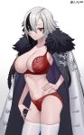  1girl acaa arlecchino_(genshin_impact) black_hair bra breasts cleavage cowboy_shot fur_trim genshin_impact half-closed_eyes hand_on_hip highres jacket large_breasts lingerie looking_at_viewer multicolored_hair open_clothes open_jacket panties parted_lips red_bra red_panties short_hair simple_background solo symbol-shaped_pupils thighhighs two-tone_hair underwear white_background white_hair white_jacket white_thighhighs 