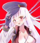  1girl absurdres black_gloves black_headwear breasts collarbone collared_shirt gangut_(kancolle) gloves hat highres jacket kantai_collection large_breasts long_hair long_sleeves nekokami peaked_cap red_background red_eyes red_shirt shirt solo upper_body white_hair white_jacket 