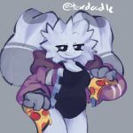  clothed clothing digital_media_(artwork) female food fur grey_body grey_fur jacket lagomorph leotard looking_at_viewer mammal pizza simple_background socks_(texdoodle) solo texdoodle topwear unzipped_jacket white_body white_fur 