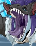  absurd_res black_body black_ears blue_body blue_eyes blue_sclera bodily_fluids dripping ear_piercing ear_ring hair hi_res imperatorcaesar male mouth_shot narrowed_eyes open_mouth piercing purple_hair purple_tongue red_ear_piercing red_ear_ring red_inner_ear red_ring_piercing ring_piercing saliva saliva_drip saliva_string sharp_teeth solo teeth tongue tongue_out 