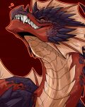  absurd_res cheek_horn dragon frill_(anatomy) glowing glowing_eyes grey_body grin head_crest head_frill hi_res imperatorcaesar looking_at_viewer male orange_body orange_frill pupils red_body saliva_on_chin sharp_teeth simple_background slit_pupils smile solo teeth 