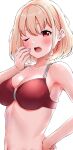 1girl absurdres armpits blonde_hair blush bob_cut bra breasts clenched_hand collarbone hand_on_hip hand_to_own_mouth highres large_breasts looking_at_viewer lycoris_recoil navel nishikigi_chisato one_eye_closed open_mouth red_bra red_eyes shiny shiny_skin short_hair simple_background solo stomach totoki86 underwear upper_body white_background yawning 