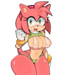  2022 accessory amy_rose anthro areola areola_slip bikini breasts clothing curvy_figure eulipotyphlan female fingers green_eyes hair_accessory hairband hedgehog ichig8miruku_(artist) mammal navel nipples open_mouth open_smile pink_body pink_skin sega simple_background smile solo sonic_the_hedgehog_(series) swimwear voluptuous white_background 