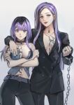  2girls arm_around_shoulder arm_tattoo arms_under_breasts bangs bare_arms bare_shoulders belt black_hair black_jacket black_pants breasts buttons chain chest_tattoo choker collarbone cowboy_shot crossed_arms double-breasted earrings frown genderswap genderswap_(mtf) grey_background haitani_ran haitani_rindou hand_on_another&#039;s_chest hand_up highres holding jacket jewelry katsuyaatorz lipstick long_hair looking_at_viewer makeup multicolored_hair multiple_girls multiple_rings neck_tattoo necklace no_bra pants pendant print_jacket purple_eyes purple_hair red_lips ring siblings sisters smile snake_print strapless streaked_hair tattoo tokyo_revengers 