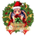  1girl aikawa_yuzuki bangs blonde_hair blush brown_shirt christmas christmas_ornaments closed_mouth gradient_hair hat holly long_hair looking_at_viewer lowres merry_christmas multicolored_hair pink_hair purple_eyes ragnarok_online ranger_(ragnarok_online) red_scarf santa_hat scarf shirt sleeveless sleeveless_shirt smile solo transparent_background twintails upper_body wreath 