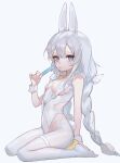  +_+ 1girl animal_ear_fluff animal_ears azur_lane bangs blue_eyes braid breasts fake_animal_ears food full_body hair_between_eyes highres le_malin_(azur_lane) le_malin_(listless_lapin)_(azur_lane) leotard long_hair looking_at_viewer no_shoes official_alternate_costume pantyhose popsicle rabbit_ears rabbit_tail simple_background sitting small_breasts smilesmile1312 solo tail thighband_pantyhose tongue tongue_out twin_braids very_long_hair white_background white_hair white_leotard white_pantyhose wrist_cuffs 