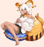  1girl absurdres animal_ear_fluff animal_ears arknights bare_legs bare_shoulders barefoot beeswax_(arknights) black_shorts brown_background cardigan dark-skinned_female dark_skin full_body goat_ears goat_girl goat_horns highres horns long_hair looking_at_viewer neti_(cpu11151) off_shoulder open_cardigan open_clothes own_hands_together parted_lips pillow shirt shorts simple_background solo steepled_fingers white_cardigan white_hair white_shirt yellow_eyes 