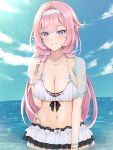  1girl bikini bracelet breasts camisole elf elysia_(honkai_impact) frilled_bikini frills hairband highres honkai_(series) honkai_impact_3rd jewelry large_breasts miro necklace ocean partially_submerged pink_hair pointy_ears purple_eyes see-through swimsuit 