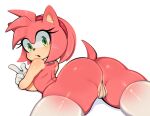  2022 5_fingers accessory amy_rose anthro bodily_fluids breasts butt camel_toe clothing cum eulipotyphlan female fingers genital_fluids gloves green_eyes hair handwear headband hedgehog ichig8miruku_(artist) looking_at_viewer looking_back looking_back_at_viewer mammal open_mouth pink_body pink_hair sega simple_background solo sonic_the_hedgehog_(series) thick_thighs white_background 