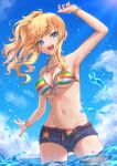  1girl absurdres armpits bikini blonde_hair blue_eyes blue_sky bracelet breasts cloud commentary_request day denim denim_shorts dutch_angle earrings flower_earrings high_ponytail highres idolmaster idolmaster_cinderella_girls jewelry large_breasts long_hair looking_at_viewer multicolored_bikini multicolored_clothes nail_polish navel ocean ohtsuki_yui open_mouth outdoors pink_nails shorts simoumi_217 sky solo string_bikini striped striped_bikini swimsuit water wet 