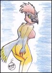  anthro avian breasts butt cedar_waxwing feathers female green_eyes looking_at_viewer nude reddragonkan solo traditional_media_(artwork) unknown_character 