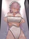  1girl absurdres bare_shoulders blush breasts cleavage closed_eyes collarbone groin headphones heavy_breathing highres large_breasts mascot nitroplus one-piece_swimsuit pink_hair pulled_by_self ringobatake solo steam steaming_body strap_pull super_sonico sweat swimsuit undressing 