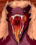  absurd_res anthro bodily_fluids bust_portrait cheek_horn dragon fangs front_view glistening glistening_tongue hair hi_res horn imperatorcaesar male mouth_shot open_mouth orange_tongue portrait red_body red_horn red_tongue saliva saliva_string solo tan_hair tan_horn tongue 
