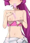  1girl bikini bikini_pull blush breasts breasts_out clothes_pull collarbone commentary_request food_in_mouth food_on_body head_out_of_frame highres kirishima_romin long_hair morisobo navel nipples pink_bikini ponytail popsicle_in_mouth purple_hair sarong simple_background small_breasts solo swimsuit upper_body very_long_hair white_background white_sarong yu-gi-oh! yu-gi-oh!_sevens 