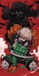  2boys angry arm_grab bakugou_katsuki bangs behind_another black_bodysuit black_whip_(boku_no_hero_academia) blonde_hair bodysuit boku_no_hero_academia cape chiyaya constricted_pupils eye_mask floating_cape floating_hair freckles gloves glowing glowing_eyes green_eyes green_gloves gun hair_between_eyes high_collar highres holding_own_arm knee_pads looking_at_viewer machine_gun male_focus midoriya_izuku multiple_boys neck_brace official_alternate_costume one_eye_covered orange_gloves parted_lips red_background red_eyes sanpaku short_hair sitting smoke spiked_hair spoilers sweat tears teeth_hold torn_cape torn_clothes torn_mask two-tone_gloves wariza weapon wide-eyed 