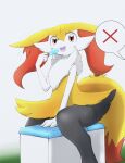  2022 anthro blush braixen canid canine eiroru female food fox fur hi_res inner_ear_fluff mammal nintendo open_mouth orange_eyes pok&eacute;mon pok&eacute;mon_(species) popsicle sitting solo tuft video_games yellow_body yellow_fur 