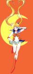  1girl bishoujo_senshi_sailor_moon blue_eyes blue_skirt bow choker heart highres looking_at_viewer magical_girl moon munya_chuu one_eye_closed orange_background orange_choker red_bow red_footwear sailor_moon skirt smile solo tsukino_usagi v 